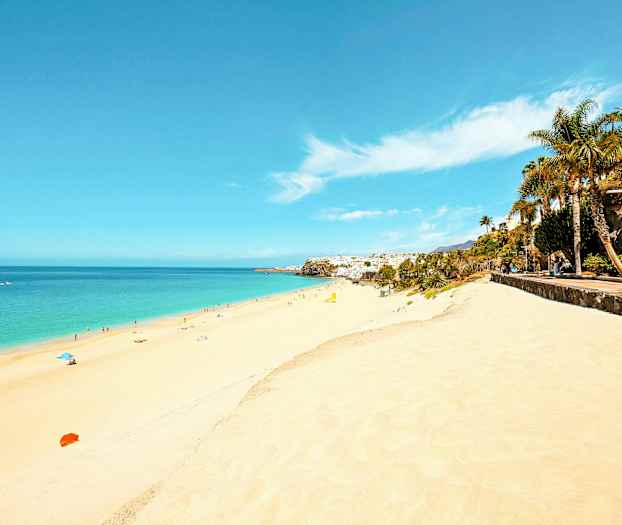 En lang sandstrand med klart blåt vand og mennesker, der soler sig og bader. Langs siden er der en promenade med palmer og beplantning. (AI-genereret tekst)