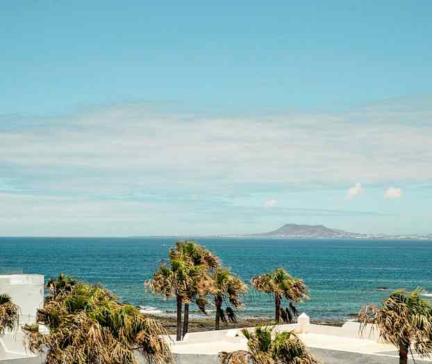 Udsigt over havet med palmer i forgrunden og et bjerg i baggrunden. (AI-genereret tekst)