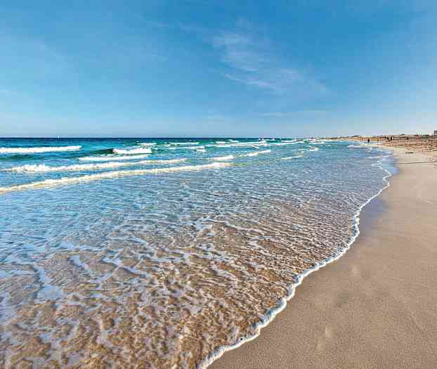 En sandstrand med blide bølger, der skyller ind, under en klar blå himmel. (AI-genereret tekst)