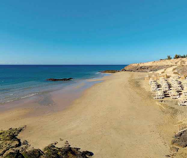 En sandstrand med liggestole og parasoller ved havet. (AI-genereret tekst)