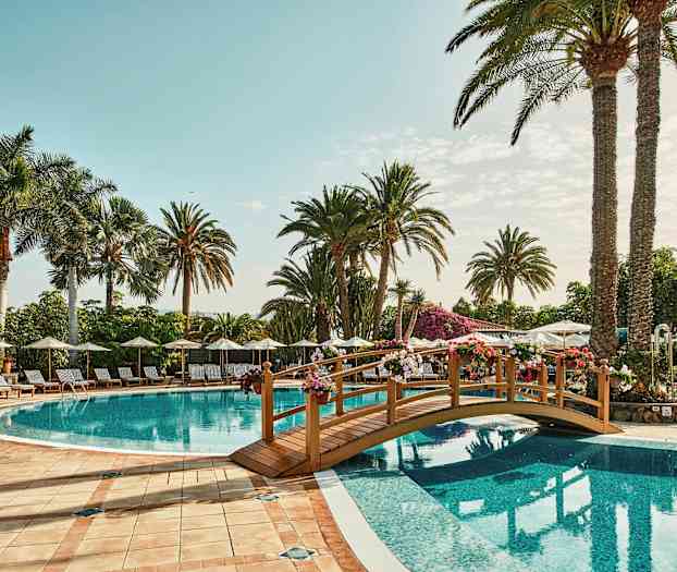 Billede af en udendørs pool med solsenge, parasoller og palmer i baggrunden. En lille dekorativ bro spænder over vandet. (AI-genereret tekst)