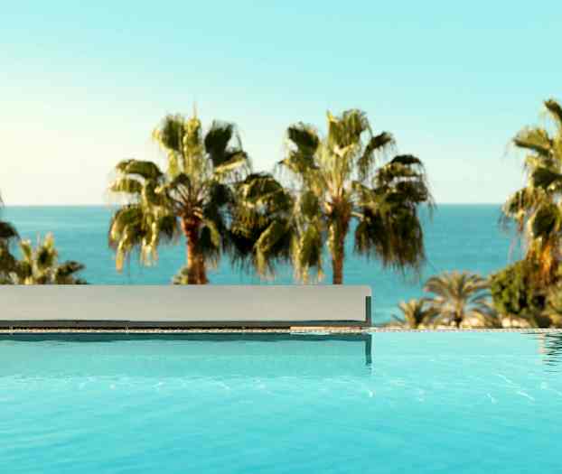 En pool med klart vand i forgrunden og palmer samt havet i baggrunden. (AI-genereret tekst)