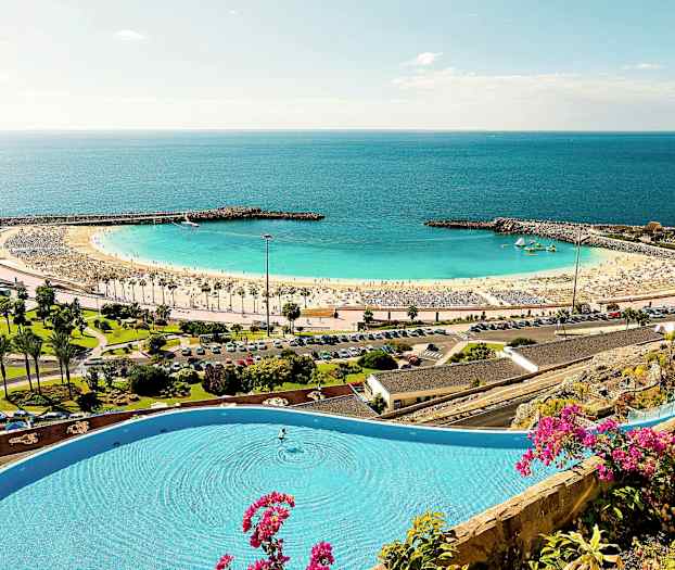 En strand med gul sand og klart blåt hav, omgivet af en beskyttende mole og grønne områder. En pool med blomster i forgrunden. (AI-genereret tekst)