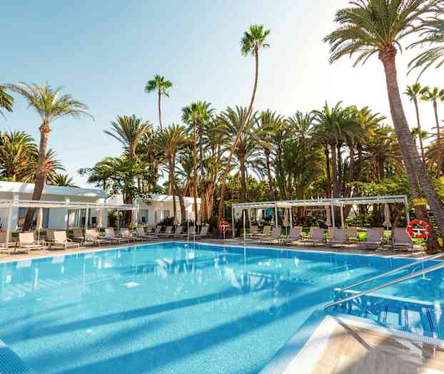 En udendørs pool omgivet af liggestole og palmer. (AI-genereret tekst)