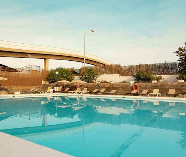 Udendørs pool med liggestole og parasoller, omgivet af planter og mur. (AI-genereret tekst)