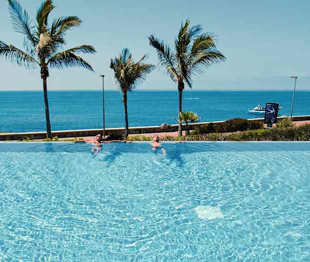 En infinitypool ved havet med palmer i baggrunden. (AI-genereret tekst)