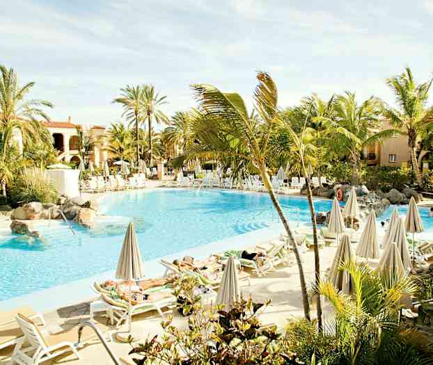 En solrig pool med liggestole og parasoller omgivet af palmer. (AI-genereret tekst)