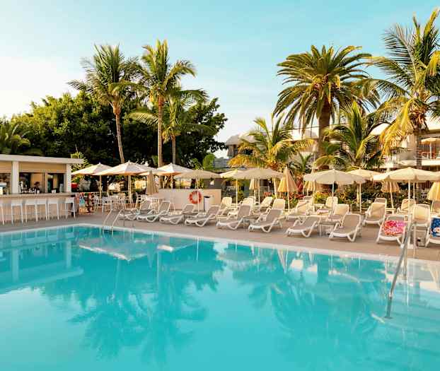 Udendørs swimmingpool omgivet af liggestole og parasoller med palmer i baggrunden. (AI-genereret tekst)