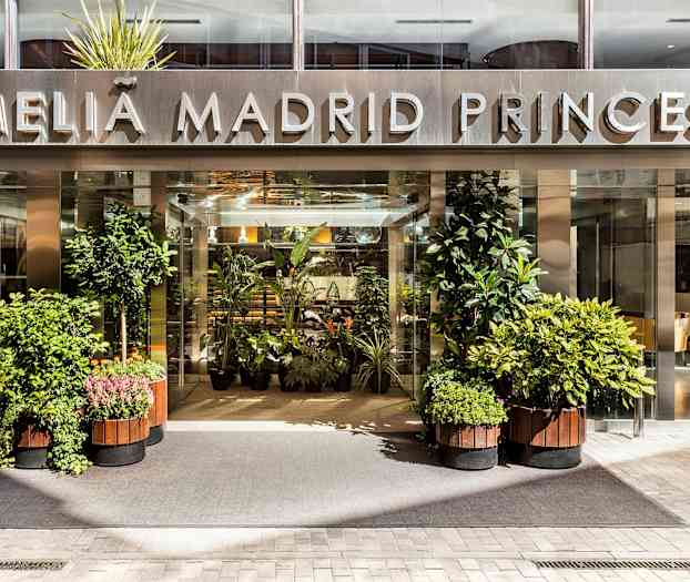 Hotelindgang med skiltet "Meliá Madrid Princesa" og omkringliggende planter. (AI-genereret tekst)