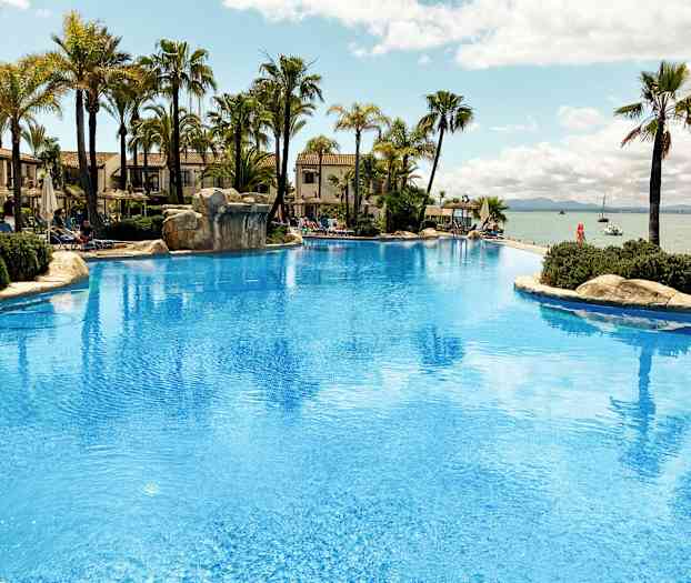 Stor pool med palmer og udsigt over havet. (AI-genereret tekst)