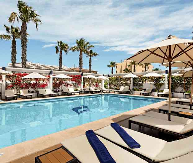 Udendørs swimmingpool med liggestole og parasoller på siden, omgivet af palmer og blomstrende buske. (AI-genereret tekst)