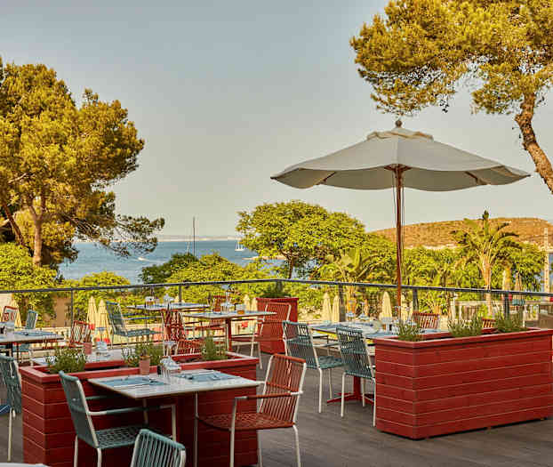 En terrasse restaurant med udsigt over havet og fyrretræsskov. (AI-genereret tekst)