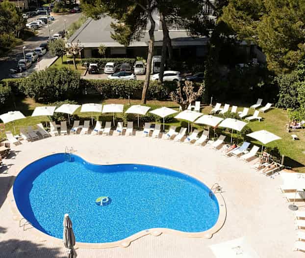 En udendørs pool omgivet af liggestole og parasoller, med en nærliggende frodig have. (AI-genereret tekst)