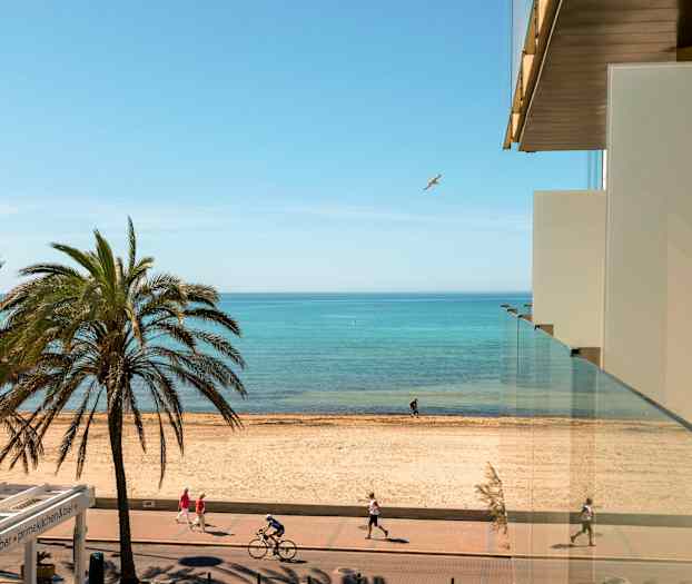 Udsigt fra en bygning mod en strand med palmer, gangsti og cyklister samt havet i baggrunden. (AI-genereret tekst)
