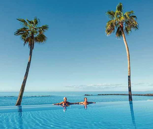 To personer i en infinitypool med udsigt over havet og to palmer. (AI-genereret tekst)