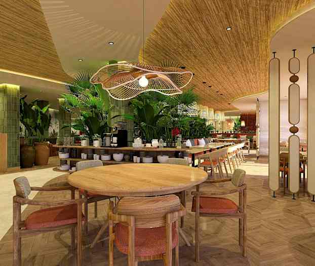 Indendørs billede af en moderne restaurant med trædetaljer og grønne planter, herunder et rundt træbord med stole. (AI-genereret tekst)