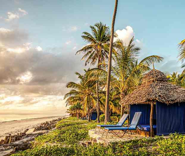 En strand med en hytte nær palmer og liggestole. (AI-genereret tekst)