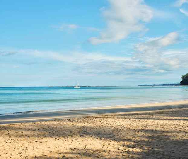 En sandstrand med en rolig udsigt over havet, to sejlbåde ved horisonten og træklædte kyster til højre. (AI-genereret tekst)