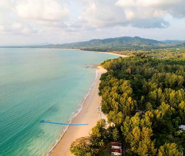 Strand med grønne skovområder og hav. (AI-genereret tekst)