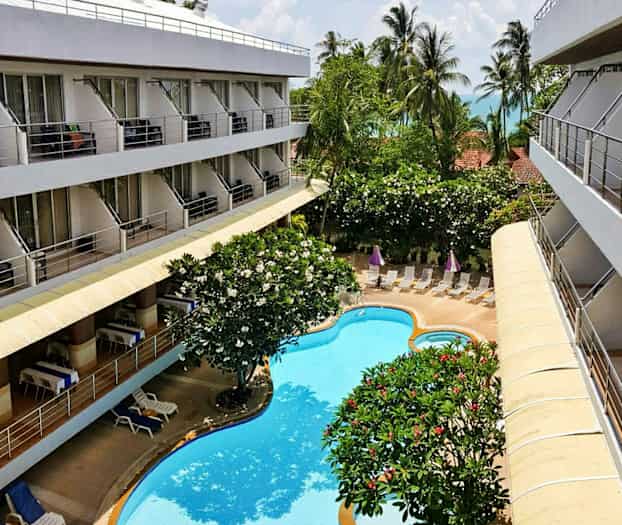 Billede af et hotel med altaner, have og pool. (AI-genereret tekst)