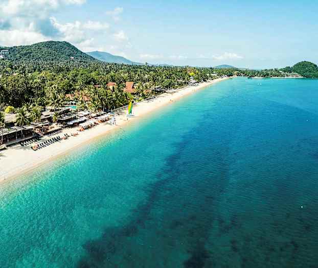 En sandstrand med turkisblåt hav, omgivet af træer og huse, med mennesker der slapper af. (AI-genereret tekst)