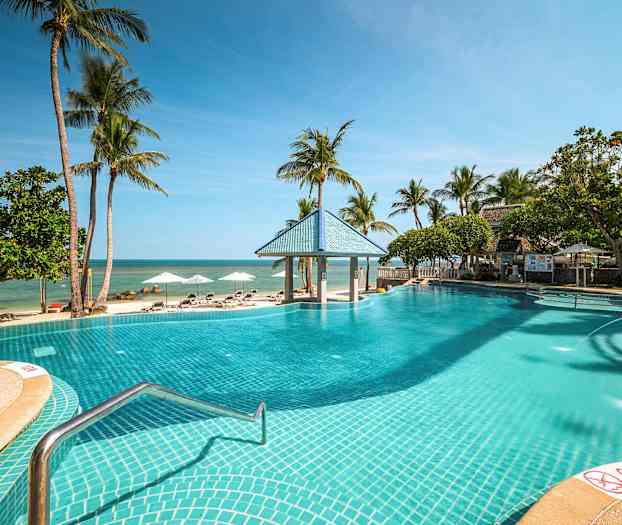 En udendørs pool ved en sandstrand med palmer og liggestole. (AI-genereret tekst)