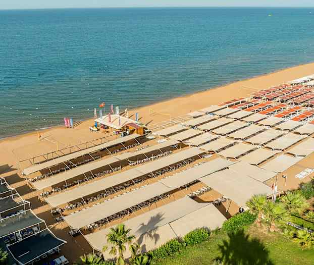 En sandstrand med solskærmning og liggestole under. (AI-genereret tekst)