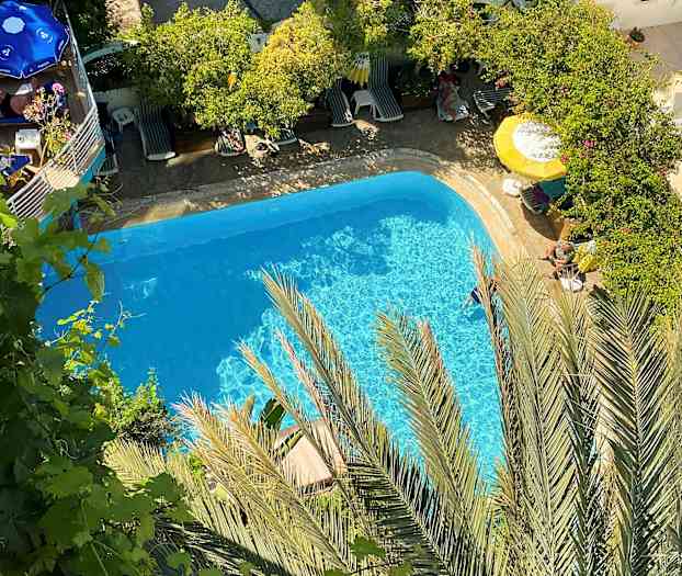 Udsigt over en pool omgivet af grønne områder og liggestole. (AI-genereret tekst)