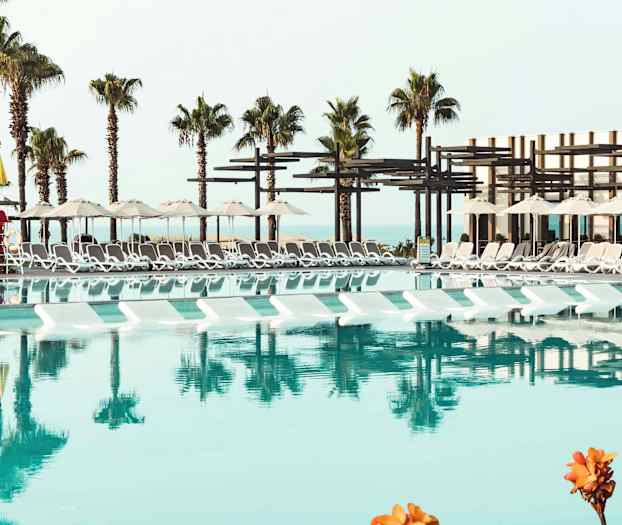 Stor pool omgivet af solsenge og parasoller, med palmer i baggrunden. (AI-genereret tekst)