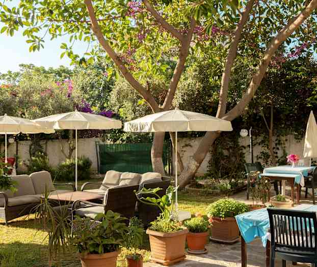 En have med havemøbler og parasoller. (AI-genereret tekst)