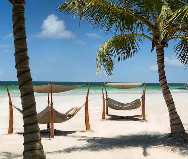 Solbeskinnede strande med hængekøjer og palmer ved havet. (AI-genereret tekst)