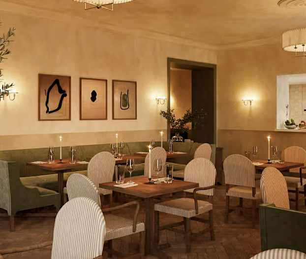 En elegant restaurant med borde, stole og kunstværker på væggene. (AI-genereret tekst)