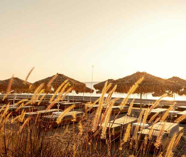 Billede af liggestole og parasoller på en sandstrand under solnedgang. (AI-genereret tekst)