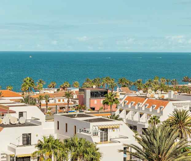 Udsigt over kystby med hvide bygninger, palmer og havet i baggrunden. (AI-genereret tekst)