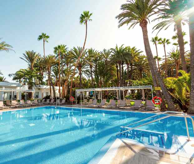 Udendørs swimmingpool omgivet af liggestole og palmer. (AI-genereret tekst)