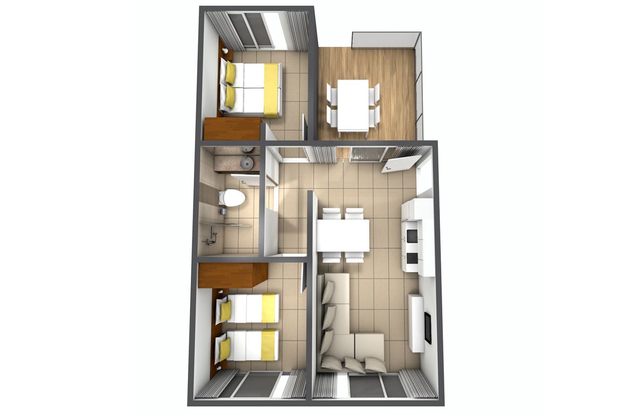 Eksempel på 3-værelses lejlighed i hus/villa med fire senge