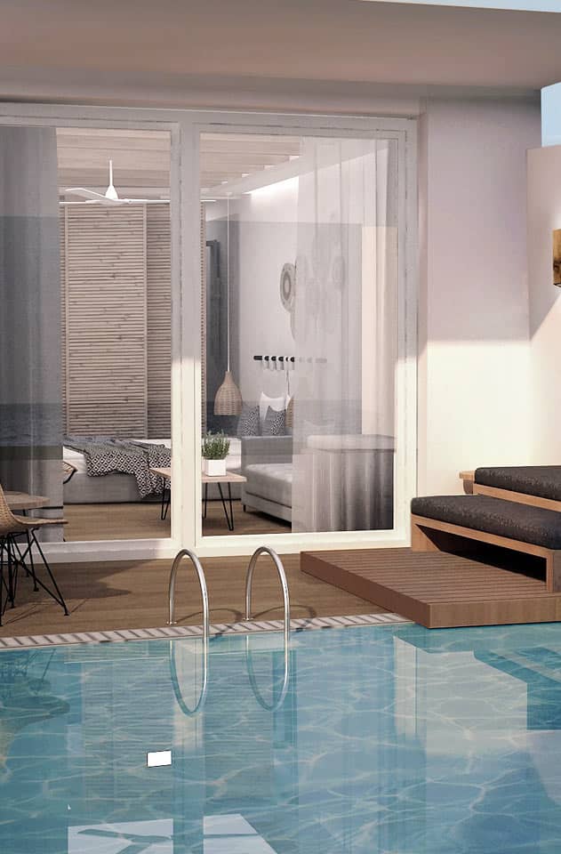Dobbeltværelse med privat pool og havudsigt - billedet er en illustration og kan blive ændret