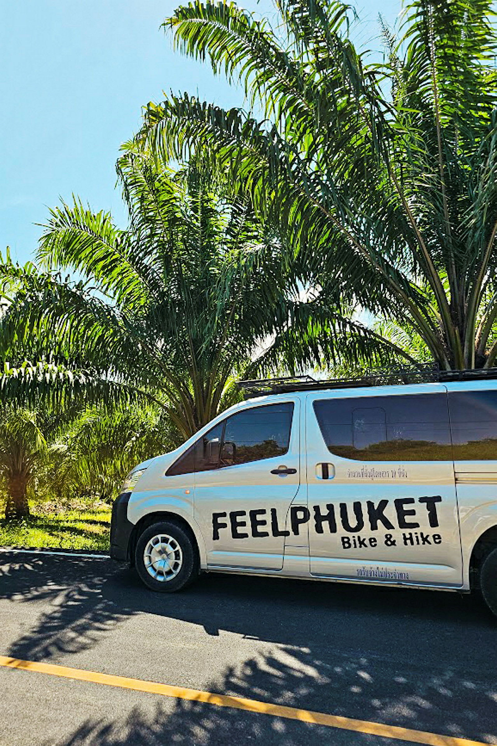 En minibus med teksten 'Feel Phuket Bike & Hike', parkeret ved vejsiden tæt på palmer. (AI-genereret tekst)