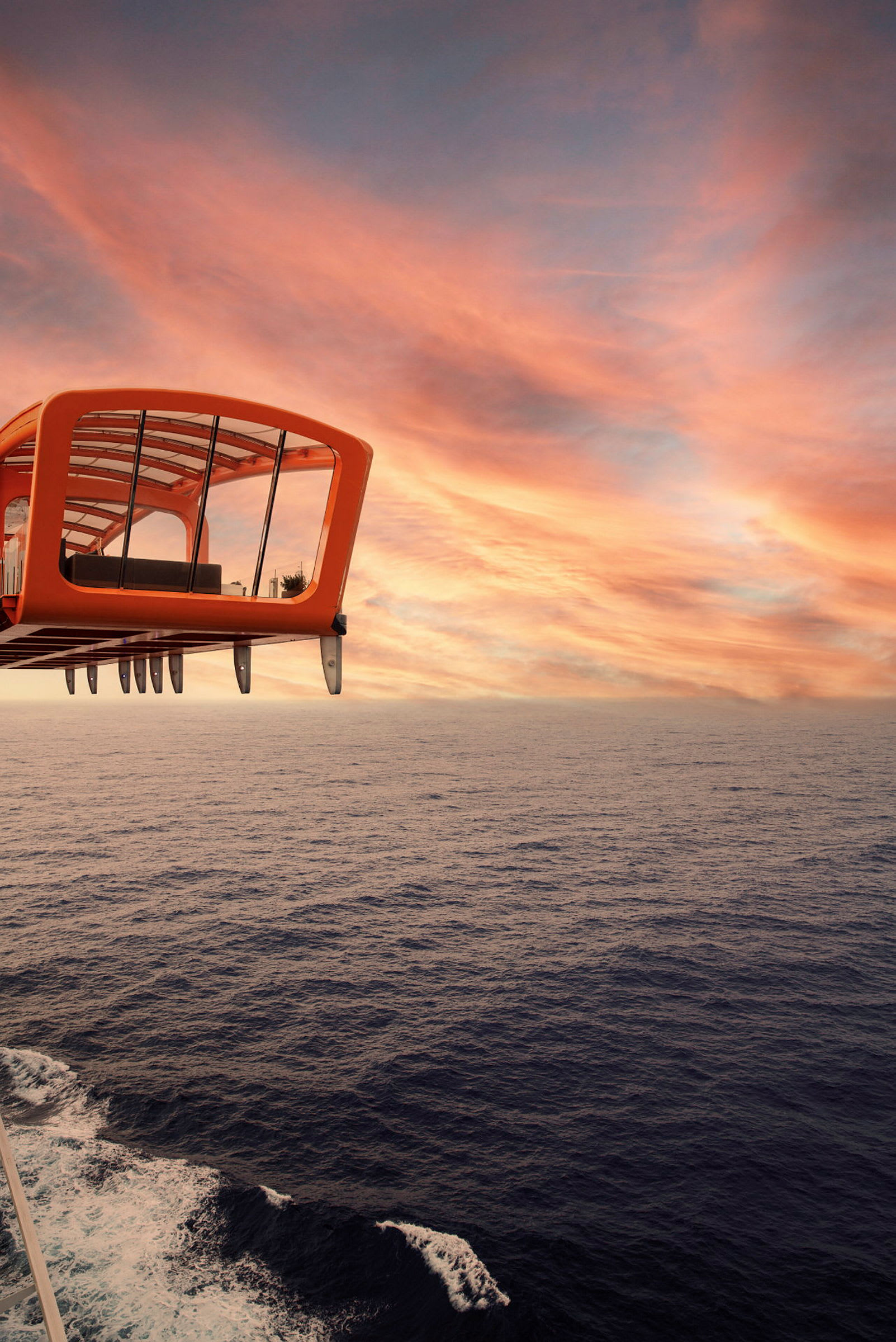 En orange struktur med glasvægge svæver over havet mod en himmel med rosa og orange nuancer. (AI-genereret tekst)