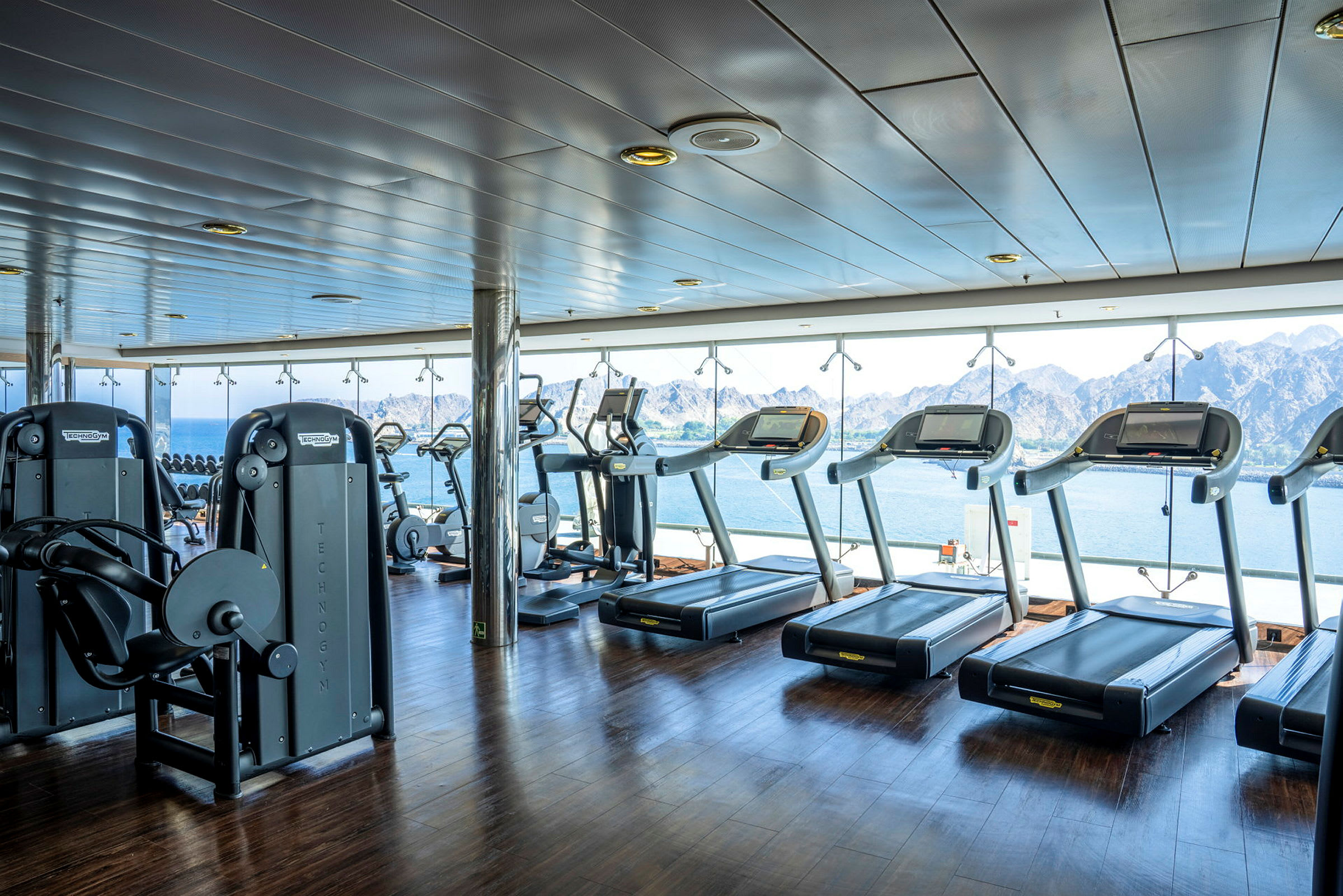 Et fitnesscenter med konditionsmaskiner og styrketræningsudstyr, med en panoramaudsigt over hav og bjerge. (AI-genereret tekst)