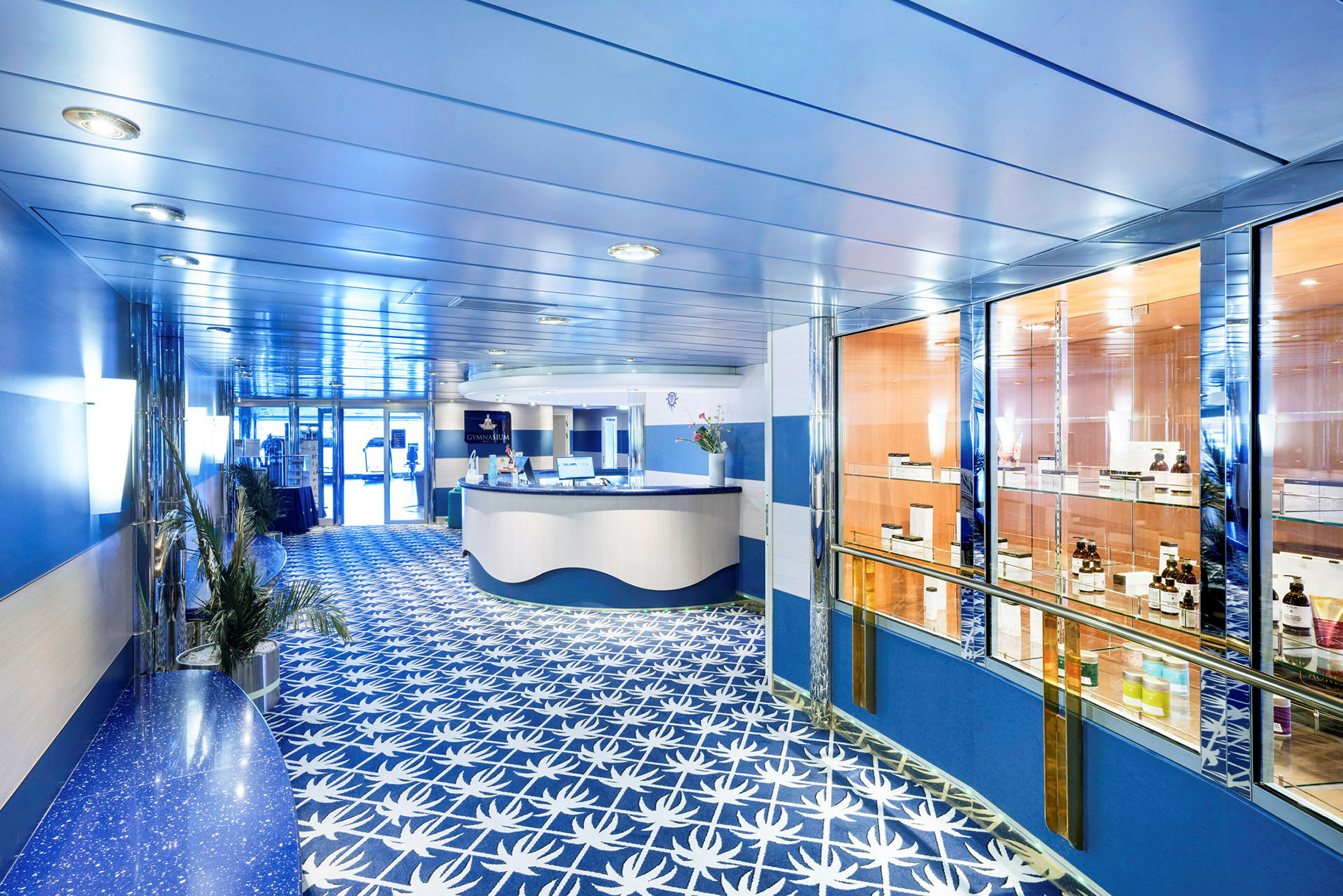 Hotellets reception med en glasudstillingsvæg fra spaområdet. Indretningen har et blåt tema med palmebladsmønster på gulvet. (AI-genereret tekst)