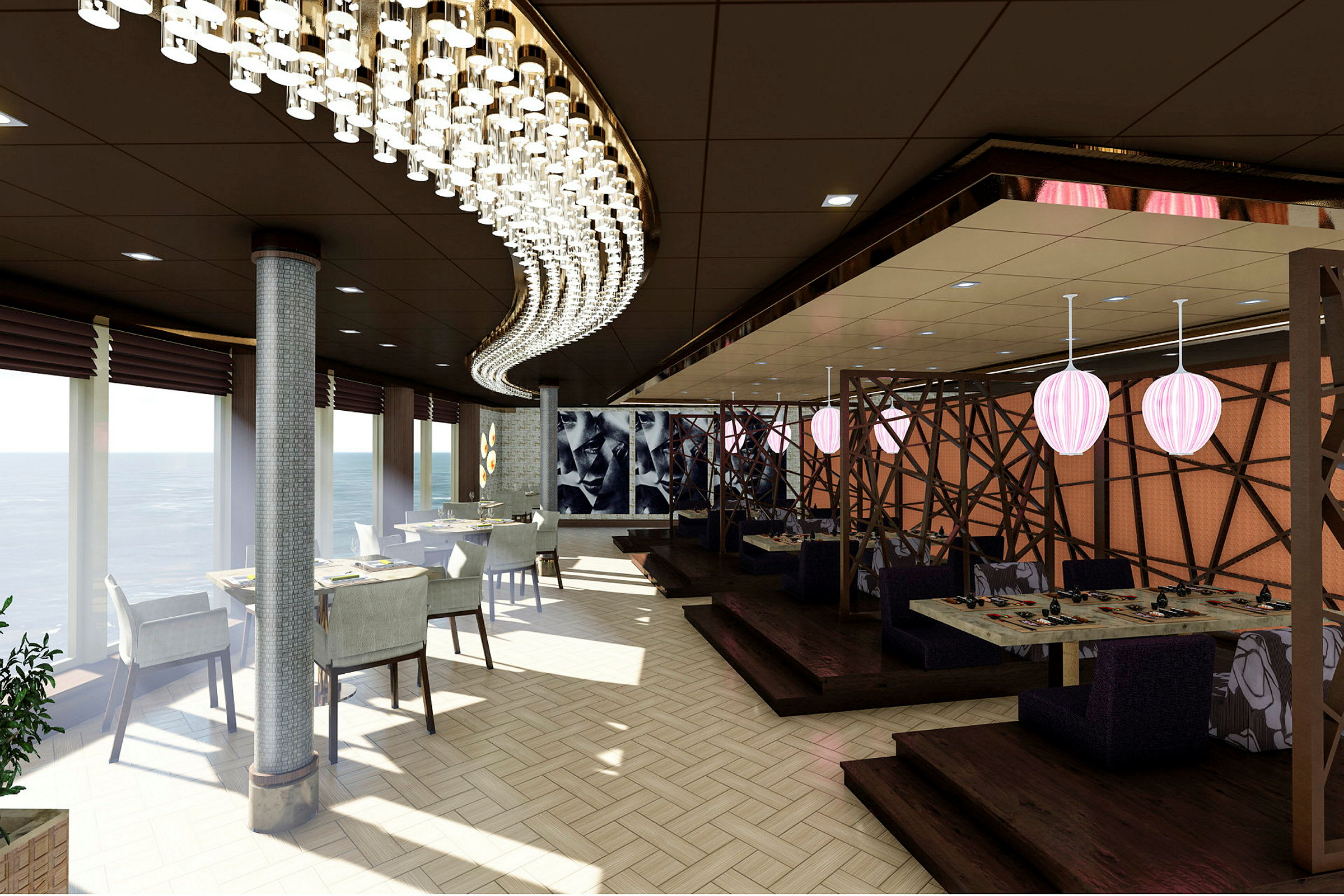 En restaurant med panoramaudsigt over havet, stilfuld indretning og moderne lyskilder. (AI-genereret tekst)