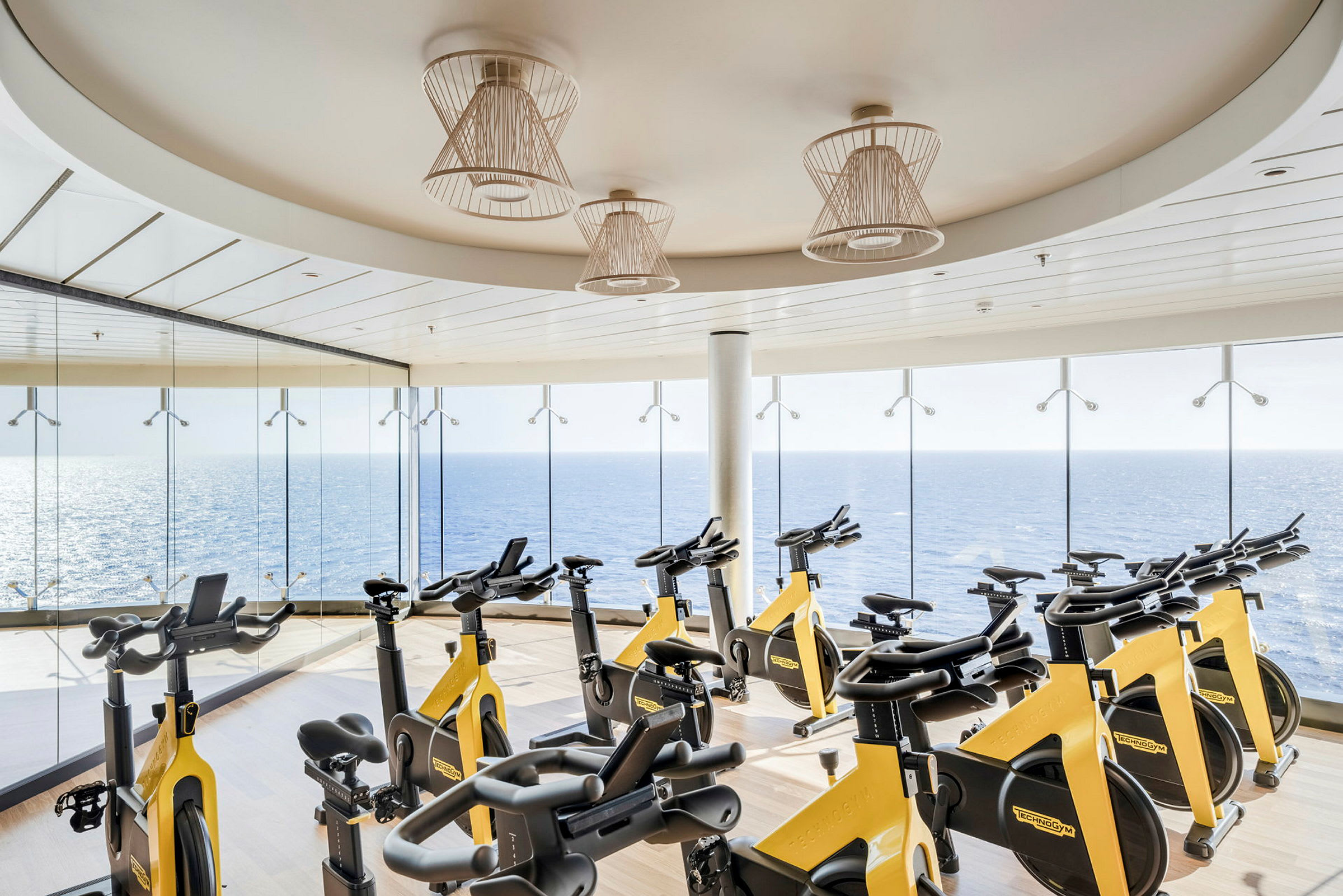Elliptiske træningsmaskiner i et fitnessrum med udsigt til havet. (AI-genereret tekst)
