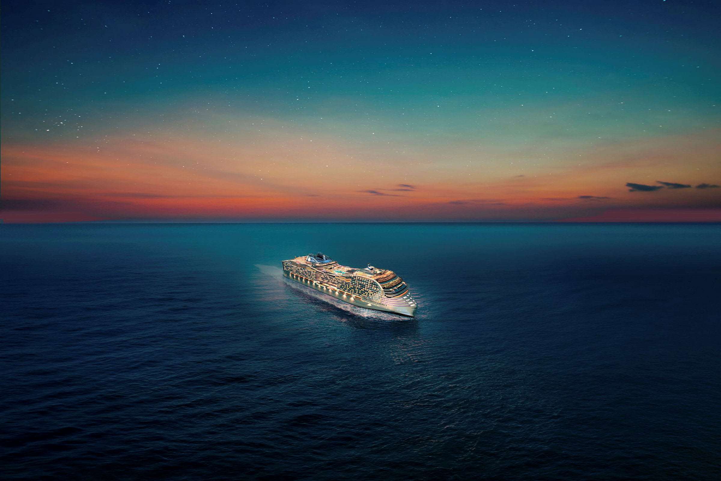 Et krydstogtskib på havet ved solnedgang. (AI-genereret tekst)