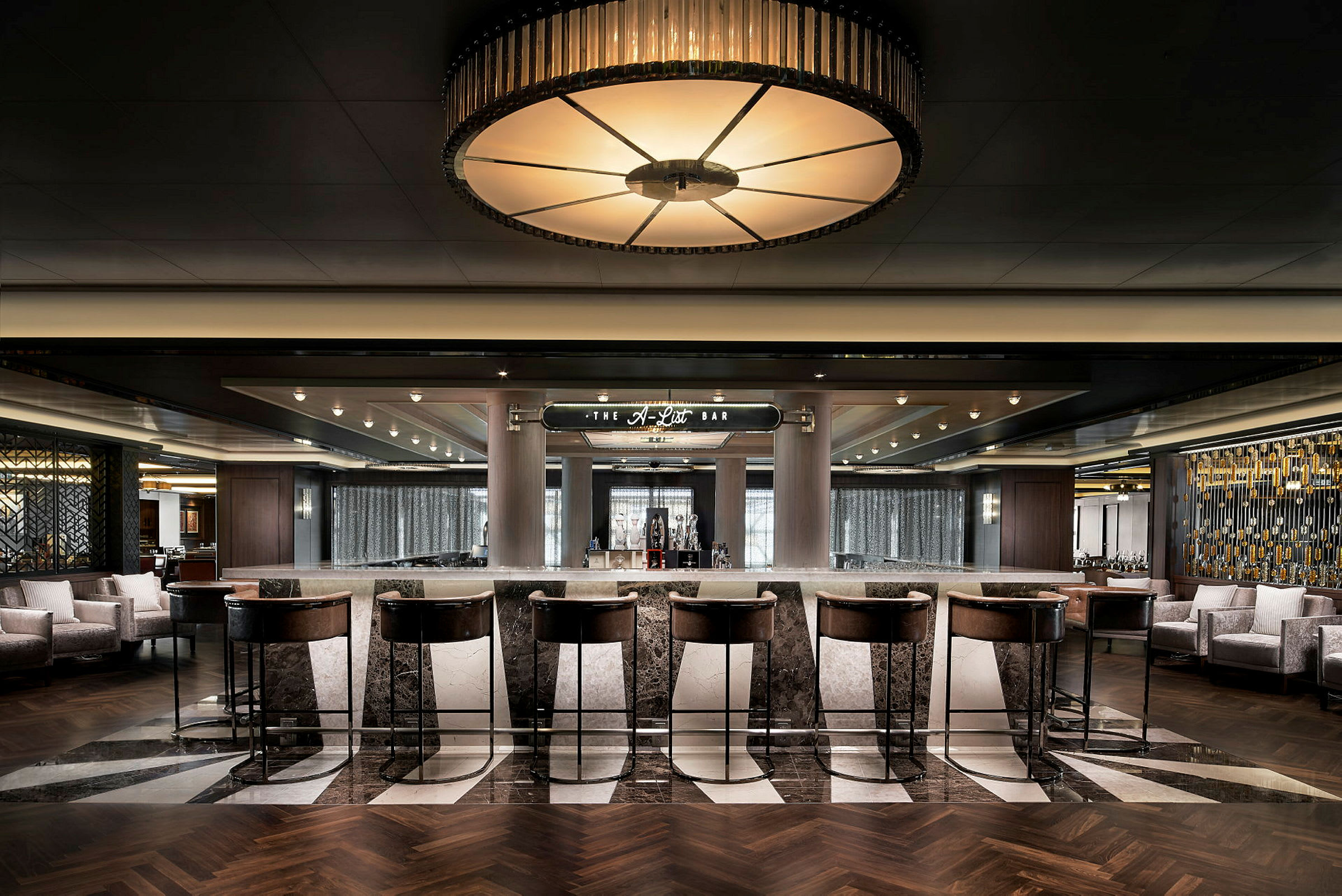 En elegant bar med moderne interiørdetaljer. (AI-genereret tekst)