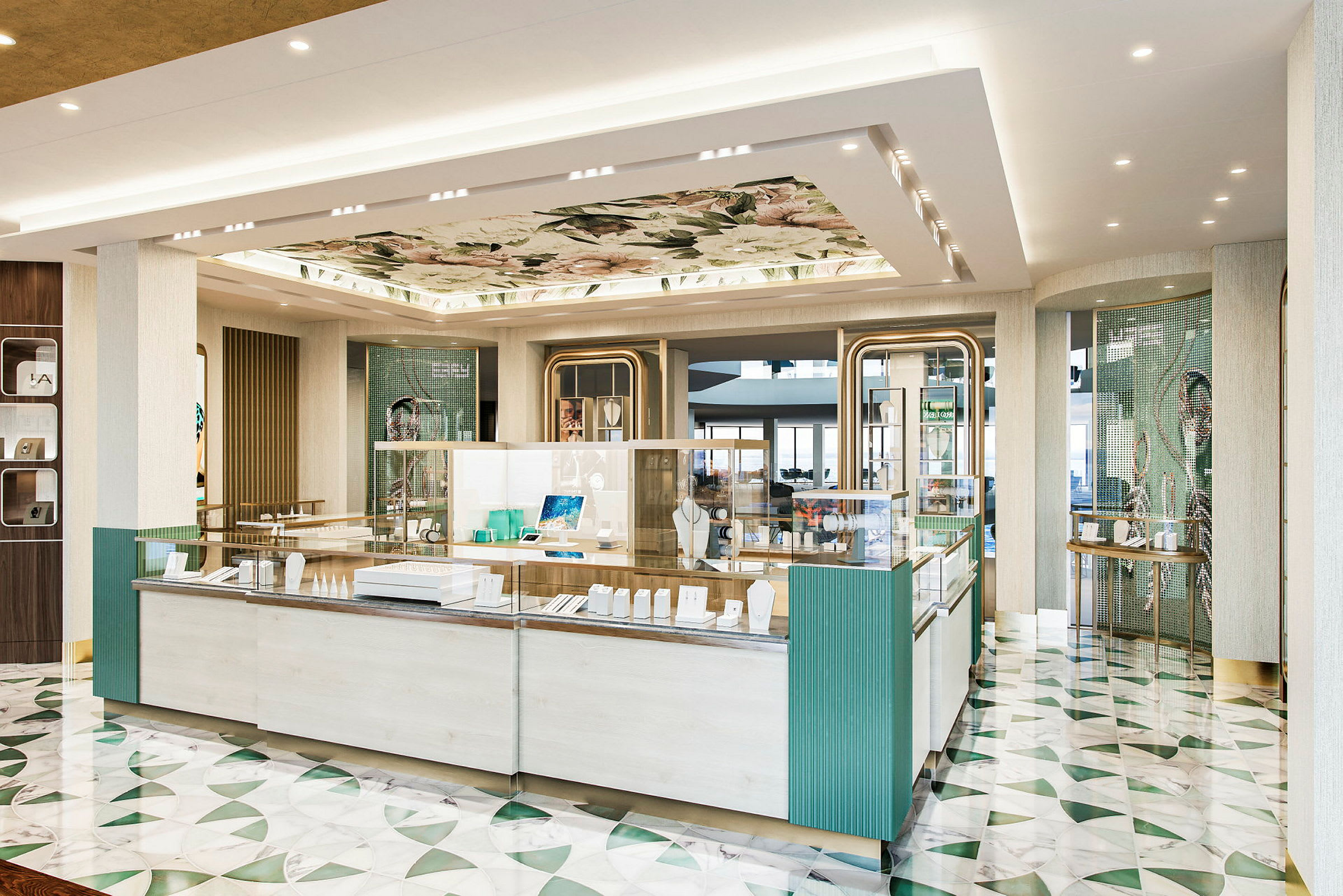 Interiør af en elegant butik med smykkedisplays, dekorative grønne mosaikvægge og et blomsteret mønster i loftet. (AI-genereret tekst)