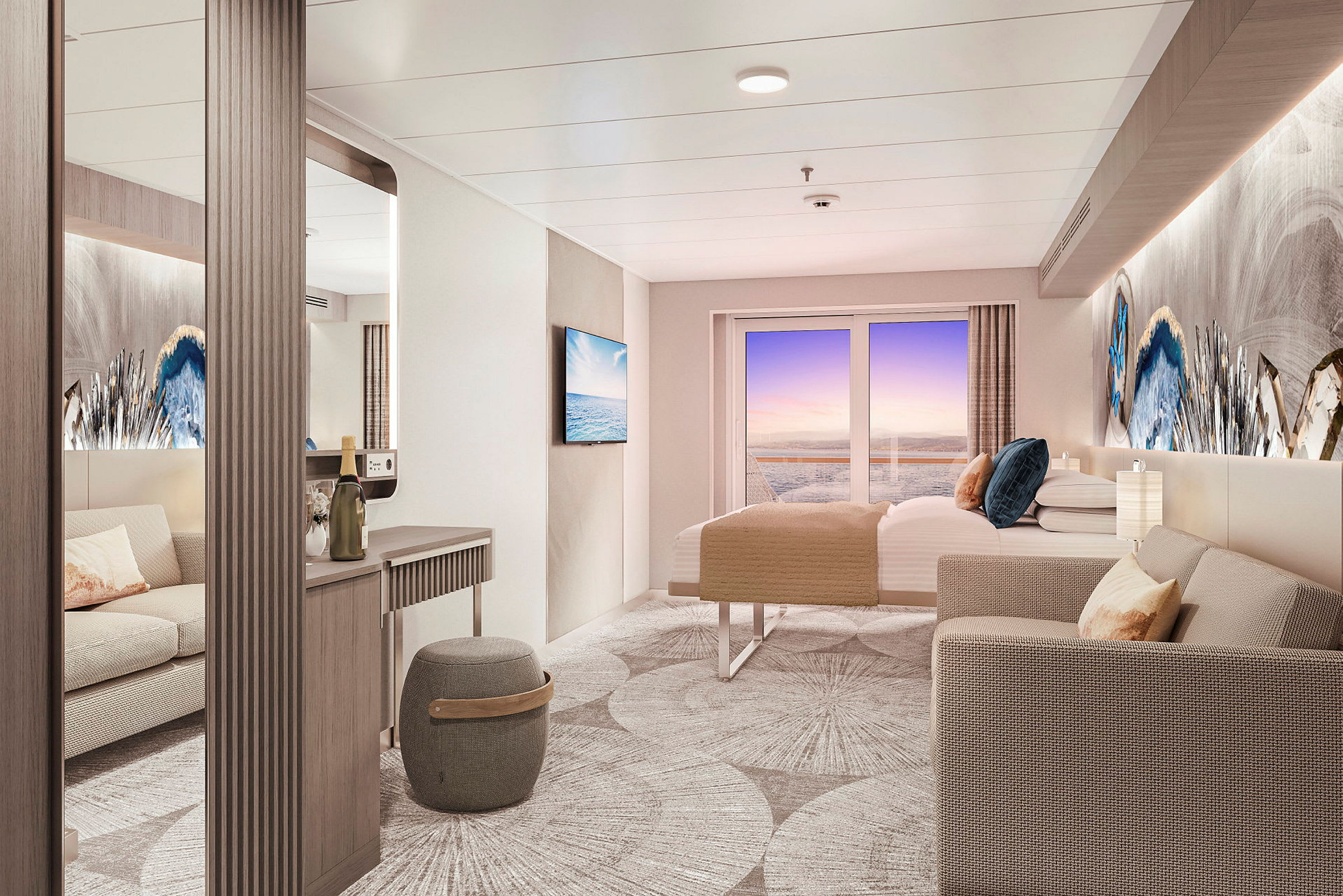 Moderne hotelsuite med havudsigt gennem glasdøre, stilfuld indretning og komfortable møbler. (AI-genereret tekst)
