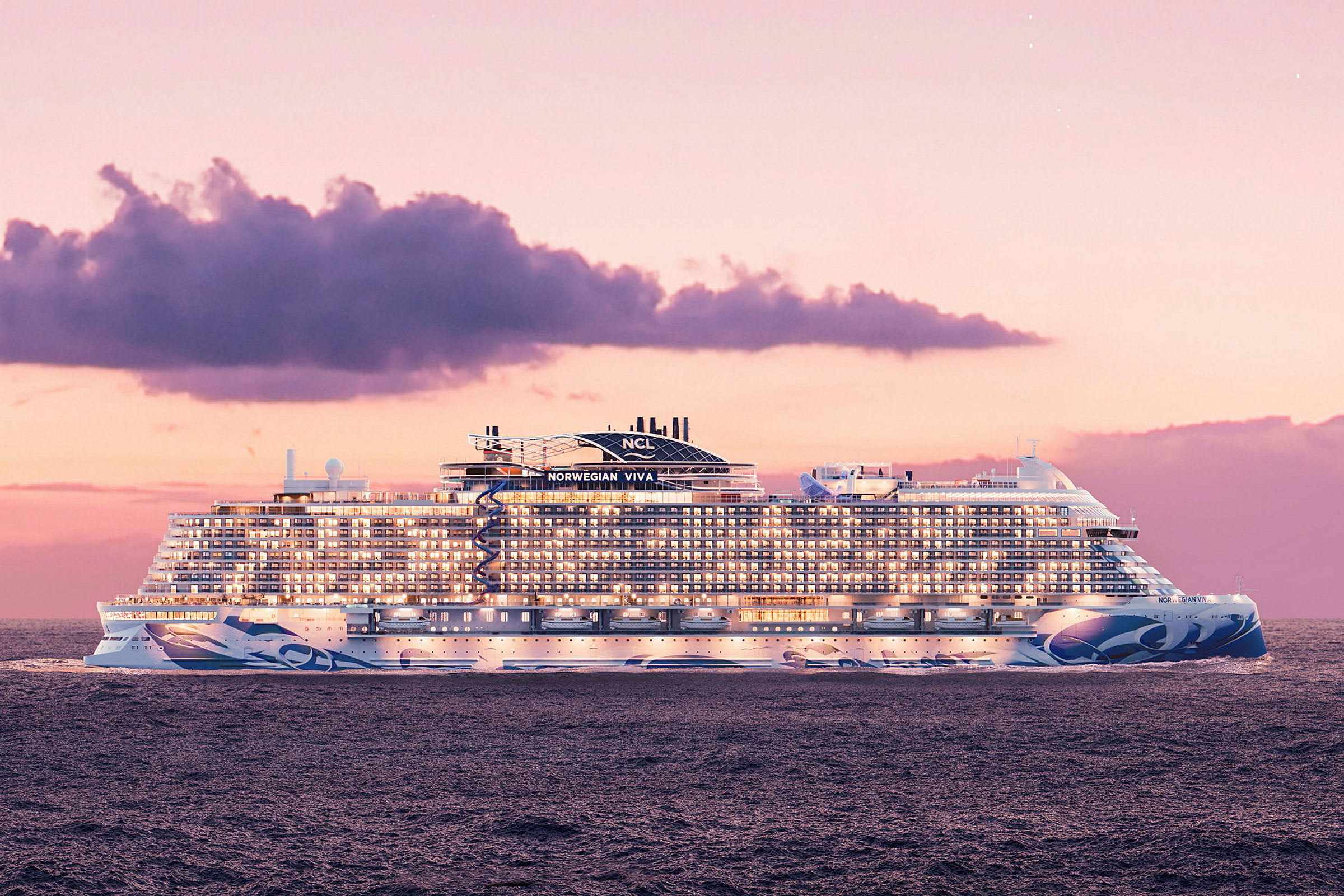 Et moderne krydstogtskib på havet ved solnedgang. (AI-genereret tekst)