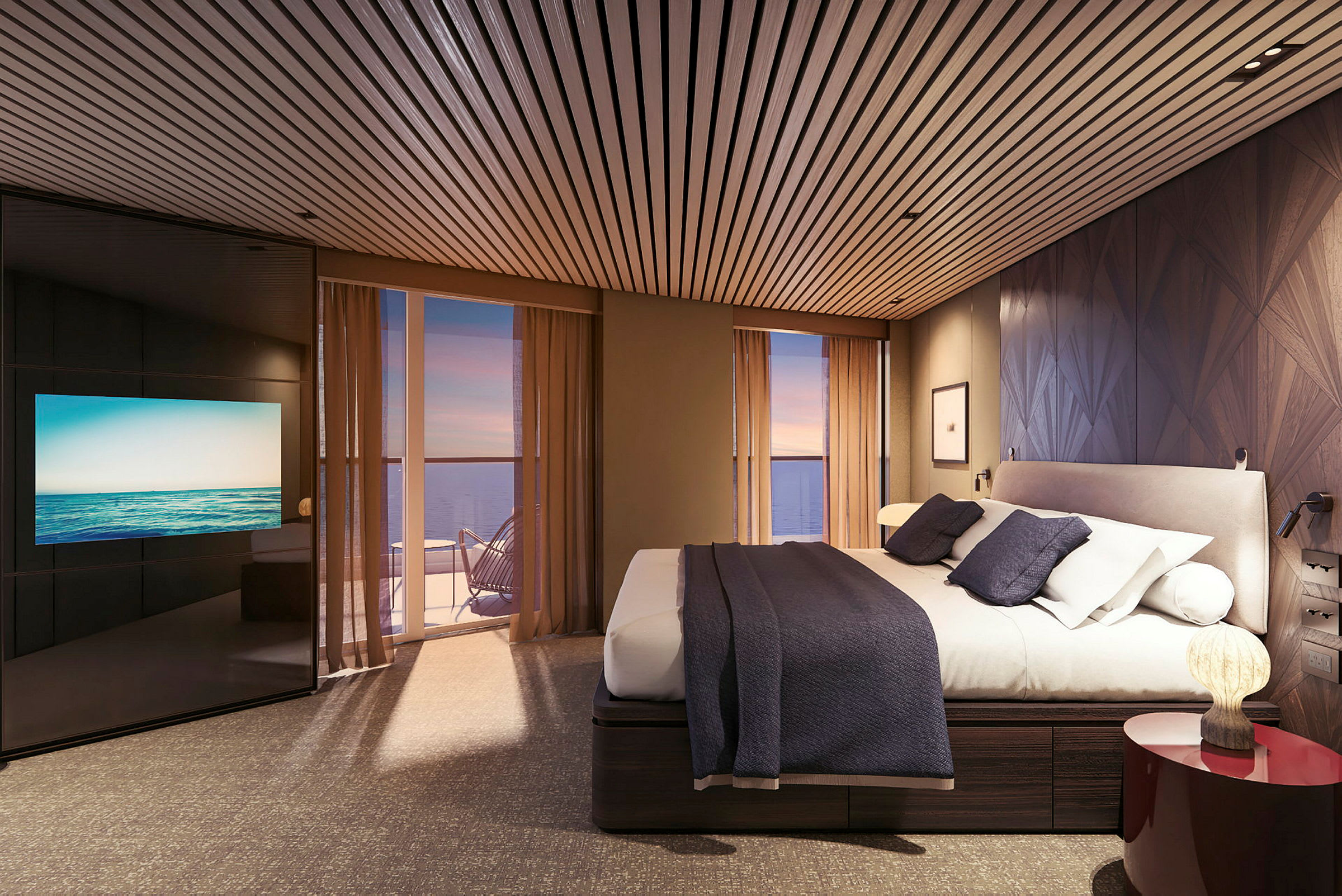 Moderne hotelværelse med dobbeltseng og havudsigt. (AI-genereret tekst)