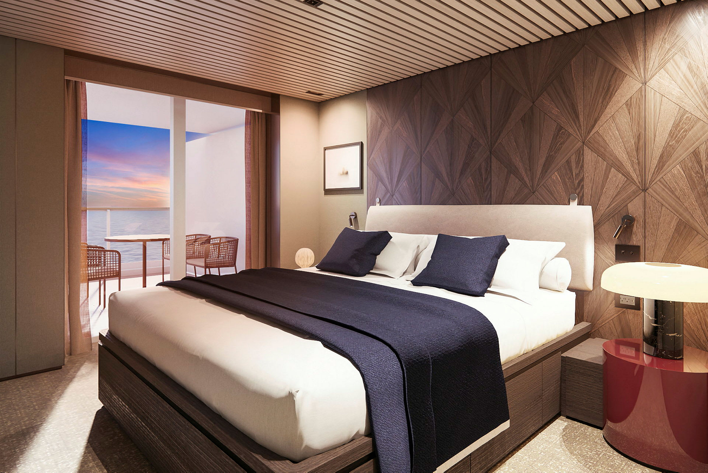 Moderne hotelværelse med stor seng, mørkt træpanel og havudsigt fra en privat altan. (AI-genereret tekst)